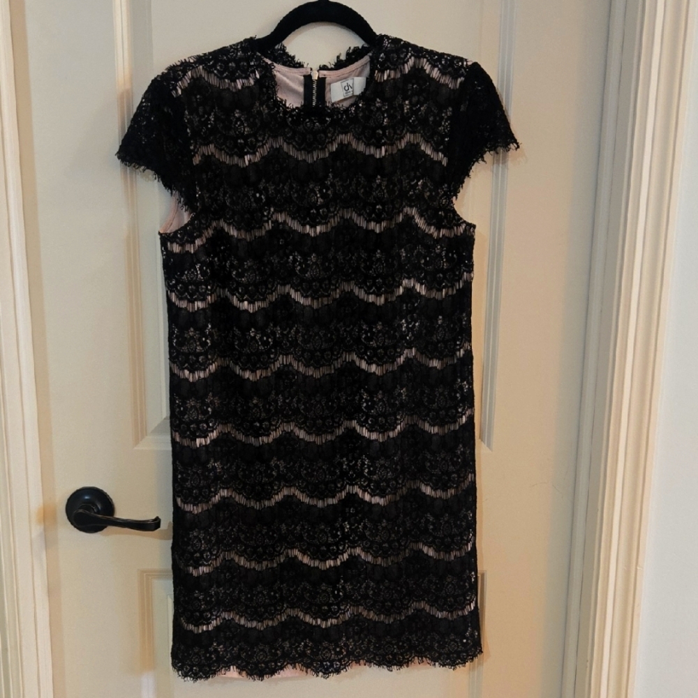Dolce Vita Black Lace Zip-Up Mini Dress With Pale Pink Underlay, Size Medium